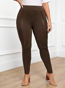 Miaspire Plus Size Women's PU Leather Splice Leggings, Fall - Brown - View 4