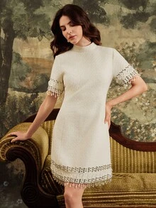 Anewsta 女士优雅短袖修身粗花呢迷你连衣裙，适合派对和婚礼，秋季 - 米色 - 查看 4