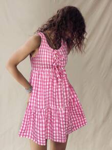 SHEIN LUNE 美国西部乡村度假航海风黑白格子蝴蝶结迷你连衣裙 - 淺粉色 - 查看 3