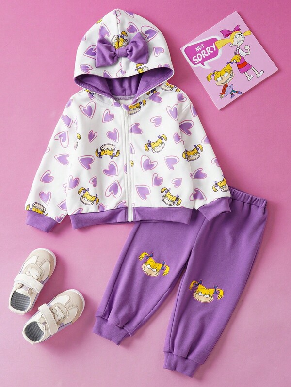 Nick 90s | SHEIN 2 piezas Conjunto de sudadera con capucha y pantalones morados con estampado de corazón lindo para bebé niña, adecuado para otoño/invierno