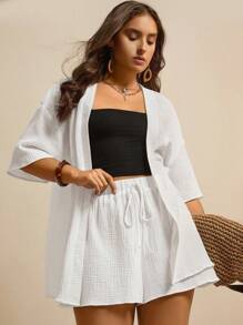 SHEIN LUNE 2pcs/Set Plus Size Casual Elastic Waist Top & Shorts Set Plus Size Linen Outfits Women Summer Outfit Set Linen Two Piece Set Summer Cardigan Plus Size Plus Size Summer Outfit Vintage Old Money Style Women Streetwear Fall Outfits Back To School Kawaii Streetwear Women Vintage Clothes Basic Back To School Autumn Going Ou Tracksuit White Shirt