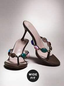 SHUZIA 女士宝石装饰细高跟日常复古性感沙滩优雅 PU 棕色高跟凉鞋 - 棕色 - 查看 6