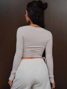 SAYEHFBABY Women's Solid Color Crew Neck Long Sleeve Casual T-Shirt With Side Drawstring