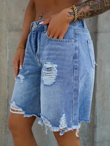 SAYEHFBABY Women's Front Button Pocket Distressed Simple Casual Denim Shorts, Tall Women - Blue - View 6