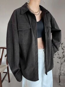 FRIFUL Women's Regular Collar Corduroy Loose Solid Color Chest Pocket Decoration Loose Autumn/Winter Shirt, Fall Womenswear Long Sleeve Top