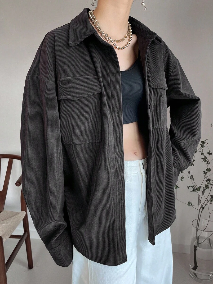 FRIFUL Women's Regular Collar Corduroy Loose Solid Color Chest Pocket Decoration Loose Autumn/Winter Shirt, Fall Womenswear Long Sleeve Top