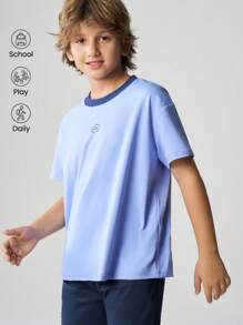 JNSQ Back To School Tween Boy Casual Street Style Graphic Print Hoodie T-Shirt, Loose Fit, Japanese Streetwear Inspired, Summer Leisure, Urban Youth Design - Blue - View 1