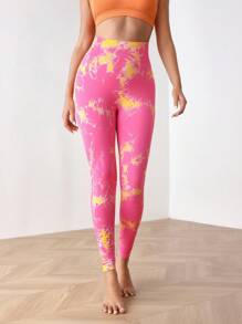 Menodora SHEIN Sport Menodora SHEIN Sport 扎染印花高腰无缝紧身裤舞蹈服瑜伽女裤 - 玫紅色 - 查看 5