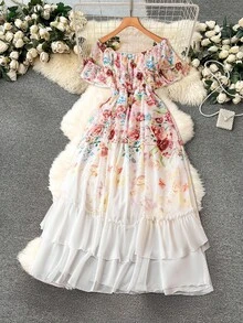 Flirla Vestido Plus Size Elegante com Estampa Floral e Babados