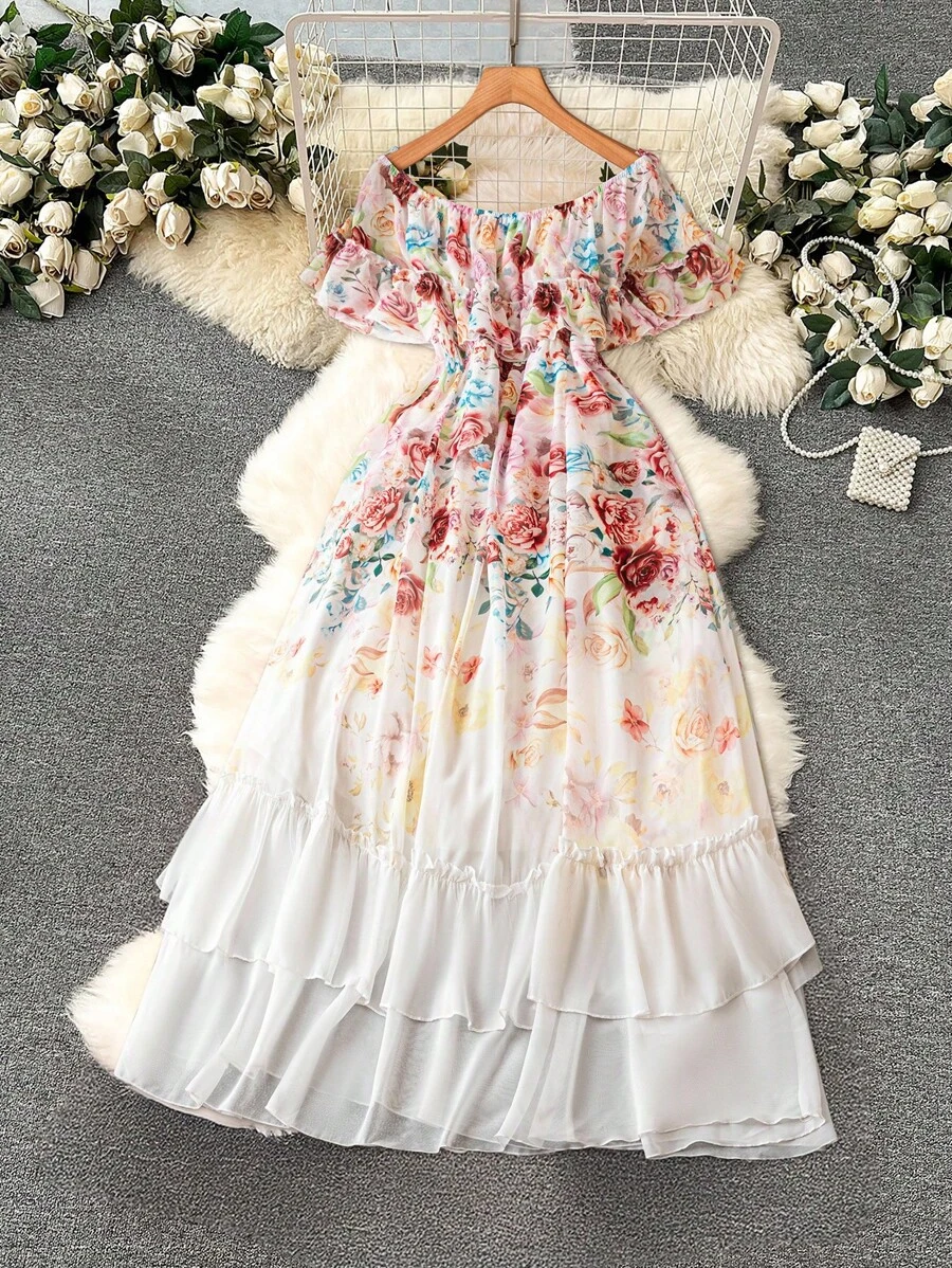 Flirla Vestido Plus Size Elegante com Estampa Floral e Babados