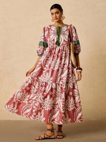 Travachic Plus Size Women's Pink & Green Tropical Plant Print Maxi Dress, V-Neck Tie Bow Long Sleeve Loose Casual Dress, Early Autumn Boho Dress Women Summer Dresses For Women With Sleeves Resort Dresses For Women Floral Print Dress French Dresses For Women Autumn Dress Going Out Dress Fall Clothes Fall Clothes Plus Size Autumn Clothes Wedding Guest Dress Elegant  Old Money Beach Outfits For Woman Resort Wear Women Ibiza Outfit