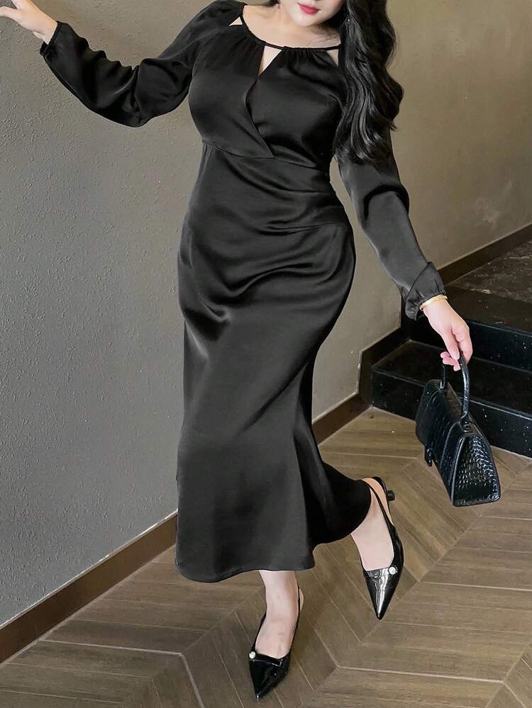 Dazy Plus Plus Size Women's Black Lantern Sleeve Hollow Out Bodycon Dress Prom Dress Elegant Women Dresses Maxi Dress