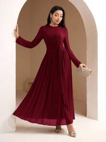 Veilorie Váy thanh lịch dành cho nữ có dây buộc eo, tay dài màu trơn bồng bềnh, mùa hè - Màu Đỏ Sâu - Xem 2