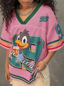 Coolane Áo thun dệt kim rộng cổ chữ V in chữ hoạt hình hở vai mùa hè cho bé gái tuổi teen - Hồng - Xem 1