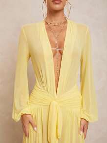 Lumalex 女式超长连衣裙，配有可拆卸紧身裤、V 领、泡泡袖、褶饰腰部、金属扣和超大裙摆 - 黃色 - 查看 5