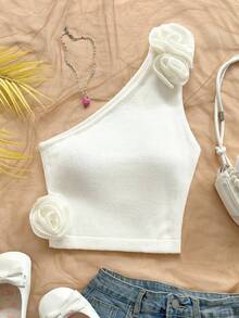 Soleia 春夏波西米亚风单肩手工 3D 花朵修身女式毛衣，适合度假、音乐节、节日约会、下午茶奶油背心玫瑰上衣可爱短款上衣奶油上衣单肩上衣 - 白色 - 查看 3