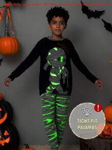 Bộ đồ ngủ liền thân Halloween cho bé trai tuổi teen, áo phông và quần dài phát sáng trong bóng tối, hiệu ứng phát sáng xanh lá cây, vải mềm co giãn, áo dài tay màu xanh nước biển và quần dài bó sát, đồ ngủ phát sáng trong bóng tối, Rave - Màu xanh hải quân - Xem 5