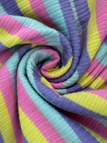 SHEIN 青少年女孩條紋圖案愛心刺繡木耳邊T恤和圍裹下擺裙裤 - 彩色 - 查看 4