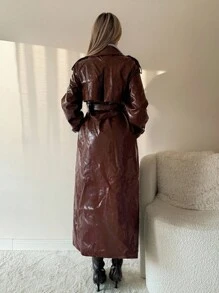 SHEIN ICON 女式纯色长袖 PU 皮夹克 - 酒紅色 - 查看 6