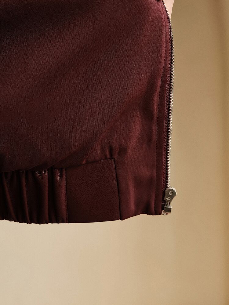 Women's New Embroidered PU Bomber Jacket, Burgundy Elegant Short Jacket, Stand Collar, Suitable For Autumn/Winter, Holiday Outerwear