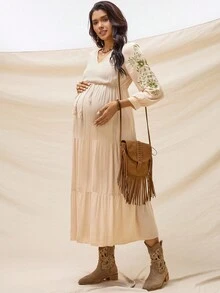 Boho Mama Autumn And Winter BOHO  Maternity Floral Print Strap Dress, Elegant For Vacation Summer Outfits Elegant Maternity Baby Shower Dress Fairycore