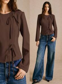 Poéselle Damska marynarka sznurowana w jednolitym kolorze, z wiązaniem z przodu, z długim rękawem, w stylu casual, z guzikami przy rękawach, asymetrycznym wiązaniem na jesień i zimę - Kawowy brązowy - Zobacz 8