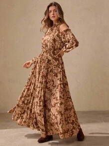 Wildy 浪漫波西米亚风荷叶边露肩长袖连衣裙，棕色，美式乡村度假风格长裙长袖长波西米亚风连衣裙花卉长裙大地色长裙露肩长裙秋季服装乡村音乐会服装返校节西部服装女式波西米亚风女装乡村服装女式百褶裙度假服度假服女式西部连衣裙狂欢服装 - 棕色 - 查看 1