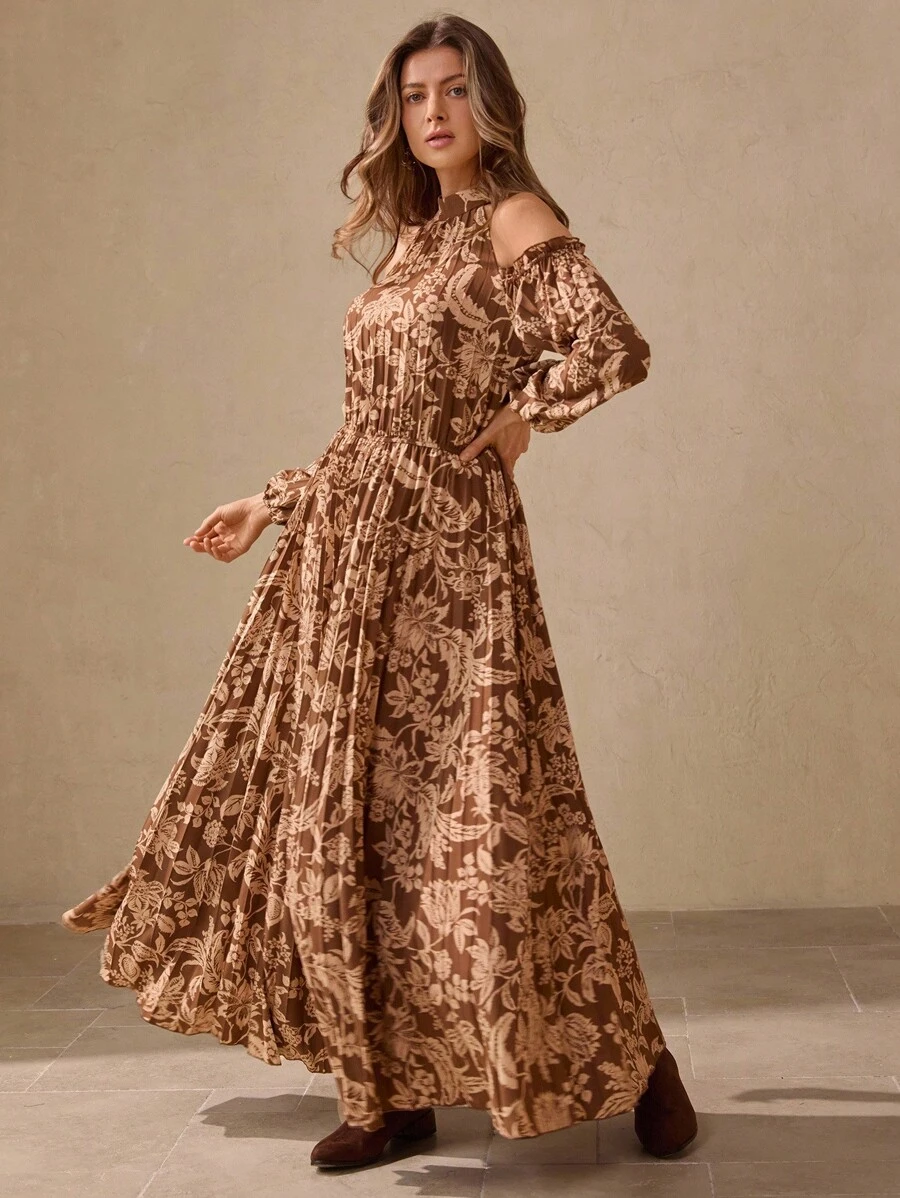 Wildy 浪漫波西米亚风荷叶边露肩长袖连衣裙，棕色，美式乡村度假风格长裙长袖长波西米亚风连衣裙花卉长裙大地色长裙露肩长裙秋季服装乡村音乐会服装返校节西部服装女式波西米亚风女装乡村服装女式百褶裙度假服度假服女式西部连衣裙狂欢服装 - 棕色 - 查看 1