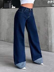 SHEIN Tall Casual HIGH WAIST Rolled Up Hem Wide Leg Jeans - Medium Wash - View 3