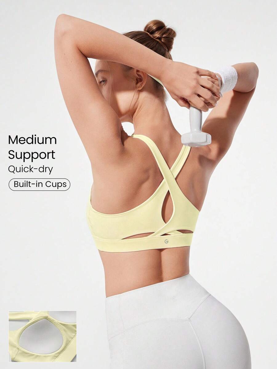 GLOWMODE Square-Neck Sports Bra Medium Impact Jogging Gym Training Daily Quick Dry Moisture Wicking  Spring Summer - Butter Yellow - View 1