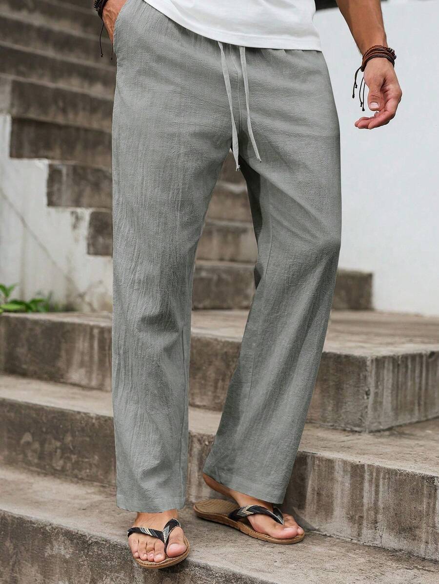 VENTUSAIL Men's Casual Solid Color Cotton Linen Pants, Winter, Fall - Dark Grey - View 1