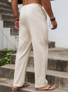 Manfinity Homme Men's Casual Drawstring Loose Cotton Linen Pants, Solid Color, Everyday Wear Beige Pants For Men Men Drawstring Pants Men Summer Pants Men Linen Pants Men Loose Casual Pants, Fall