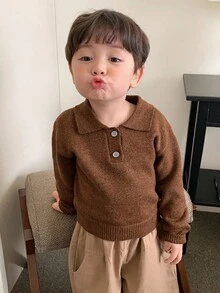 DAZY Toddler Boys' Casual Solid Color Turndown Collar Long Sleeve Sweater, Spring/Autumn - Coffee Brown - View 6