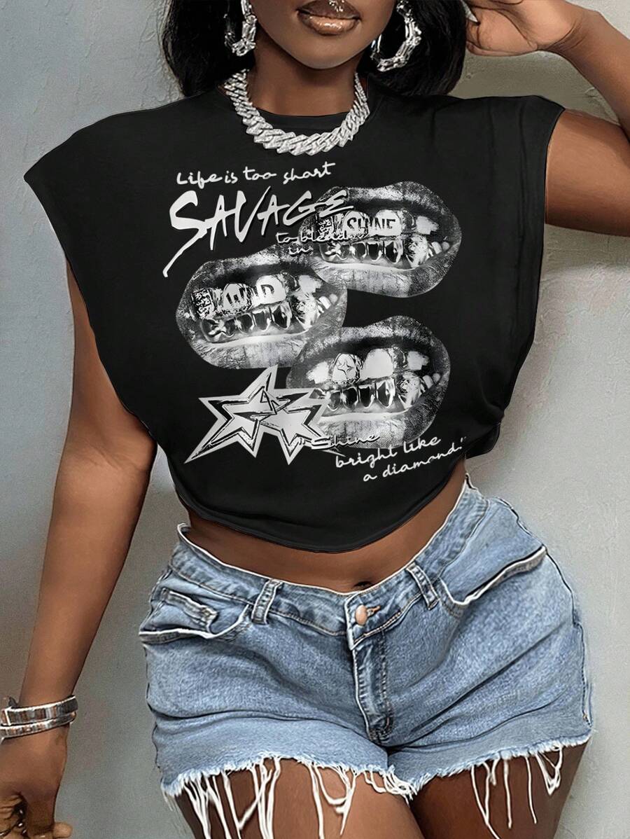 Slaydiva T-shirt ample à col rond avec motif de lettres et d'étoiles, style décontracté, adapté pour l'été, pour femmes