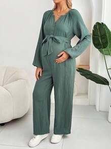 SHEIN 孕妇纯色纽扣半襟插肩灯笼袖口袋阔腿休闲连体裤 - 綠色 - 查看 6