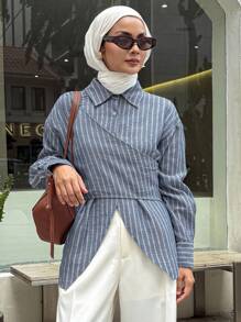 DAZY 休闲条纹宽松系带不对称女式衬衫，款式端庄时尚，长袖 - 藍色 - 查看 4