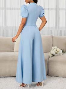 SHEIN Lady Women Elegant Solid Color Puff Sleeve V-Neck Stand Collar Slim Waist-Closing Metal Belt Vacation Commuter Wide Legs A-Style Jumpsuits Wearable In All Seasons   Wedding Guest  Old Money Style Women  Classy Outfits For Women Business Casual Outfits Women  Birthday Outfit  Going Out  Back To School Outfits Women  Jumpsuits For Woman Elegant   Back To School  Concert Outfits For Women Church Outfits Women - Baby Blue - View 2