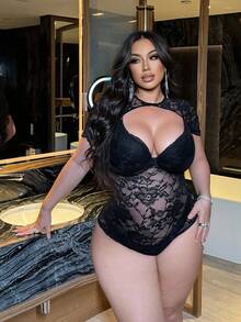 NU&NOW Plus Size Fashionable Elegant Sexy Lace Bodysuit - Black - View 6
