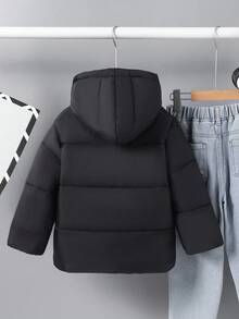 男童纯色长袖拉链领休闲连帽冬季夹克 - 黑色 - 查看 2