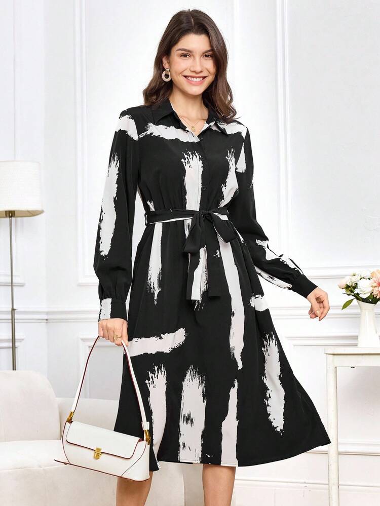 Fall/Winter Printed Midi Dress, Elegant Casual Dress,Fall Women Clothes,Teacher Dress,Going Out Dress Women,Business Casual Woman,Flowy Dress,Striped Print Dress,Women's Shirt-Style Tie Dress,Glamour Dress,Lack Dress