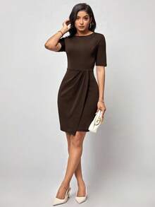 Editum Women's Elegant Solid Color Wrap Fitted Dress For Commuting, Summer Spring Summer Elegant  Formal - Coffee Brown - View 6