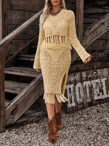 LanaWest 2pcs Women Solid Color Hollow Out Fringe Bohemian Style Sweater Set Fall Winter Cloth For Women