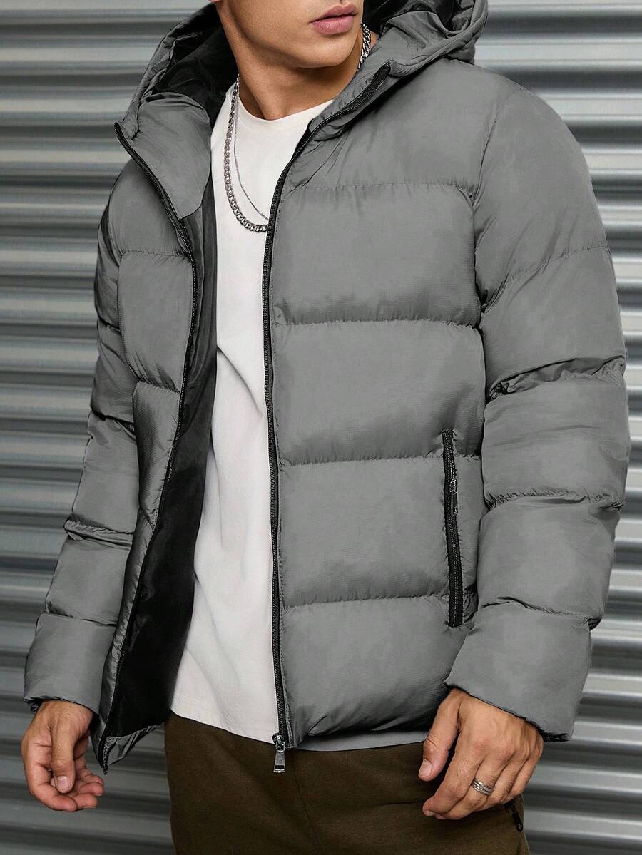 RueChic 1pc Men's Casual Patterned Grid Fabric Slim Fit Padded Coat - Grey - View 1