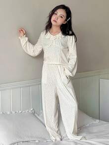 Dazy Kids 女童简约印花长袖上衣和裤子睡衣套装 - 米色 - 查看 8