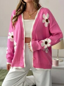 EURMUSE 可爱 V 领撞色条纹领口超大宽松舒适花卉图案纽扣开衫，适合秋冬女装 - 粉色 - 查看 6