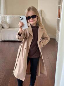 SHEIN 女童编织双排扣翻领宽松长款法式风衣、派克大衣、风衣，休闲军装风，适合通勤和户外活动，春夏秋冬皆宜，Y2K风格女童装，金属质感外套，Y2K风格女童装，银色外套，儿童酷炫装扮，少女装，万圣节、返校季、母女亲子装。