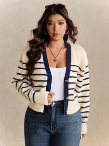 Elaquor Plus Size Women Casual Striped V-Neck Long Sleeve Cardigan In Fall/Winter