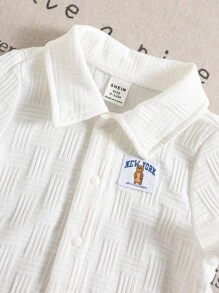 SHEIN 2pcs/Set Newborn Baby Boy/Girl Soft Casual Cute Textured Fabric White Short Sleeve Romper & Sun Hat Set, Knit Outfit Suitable For Indoor, Outdoor, Daily, Sports, Play, Party, Photo Shoot, Holiday, Spring/Summer