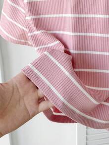 SHEIN Teen Girls Pink Casual Mixed Knit Striped Round Neck Short Sleeve T-Shirt, Fashionable Versatile Cropped Top - Pink - View 4