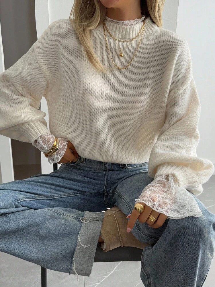 New Autumn Loose Casual Lace Patchwork Women Sweater